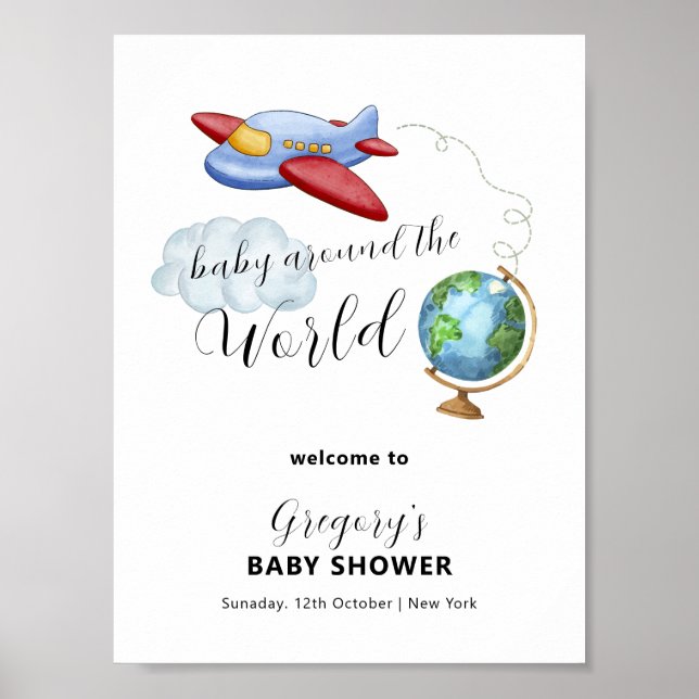 Poster Around The World Map Airplane Baby Shower Welcome (Frente)
