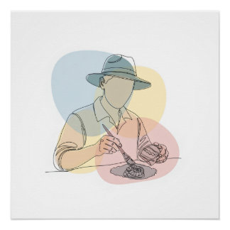 Pôster Arqueologista de uma linha de arte contínua simple