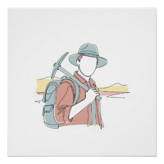 Pôster Arqueólogo simples, arte de uma linha contínua