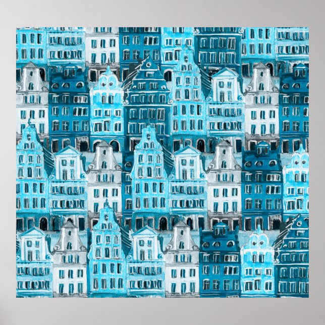 Poster Arquitetura de Amsterdã, textura azul de aquarela. (Frente)