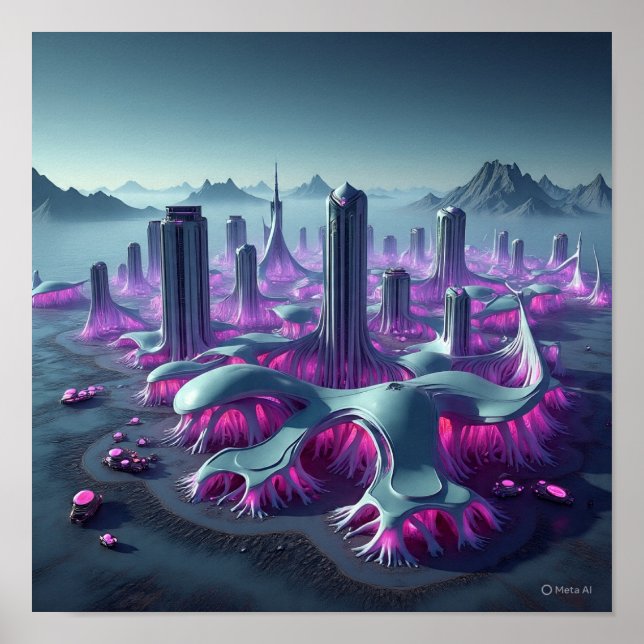 Poster Arquitetura de cidade de Alienígena em fluxo (Frente)