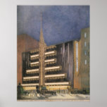 Poster Arquitetura Vintage Art Deco, Edifício em NYC<br><div class="desc">Ilustração visual da imagem arquitetônica deco da fachada do projeto de Teatro Max Reinhardt em Nova Iorque.</div>