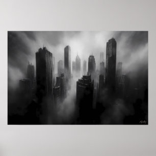 Poster Arranha-céus Majestosos Engolidos pela Névoa Dramá