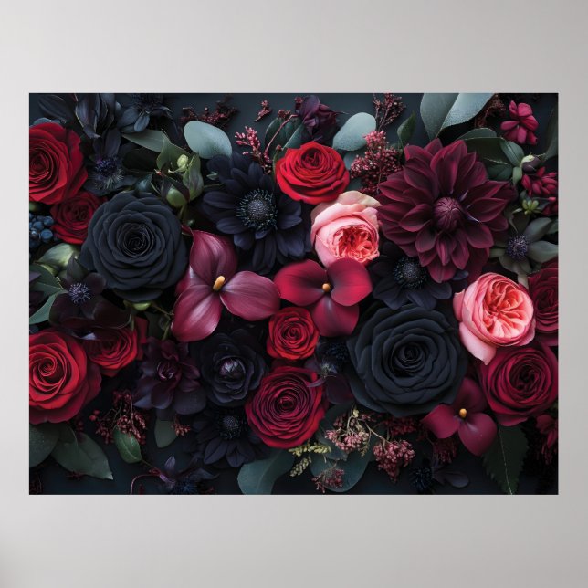 Poster Arranjo Floral Escuro Elegante com Rosas (Frente)