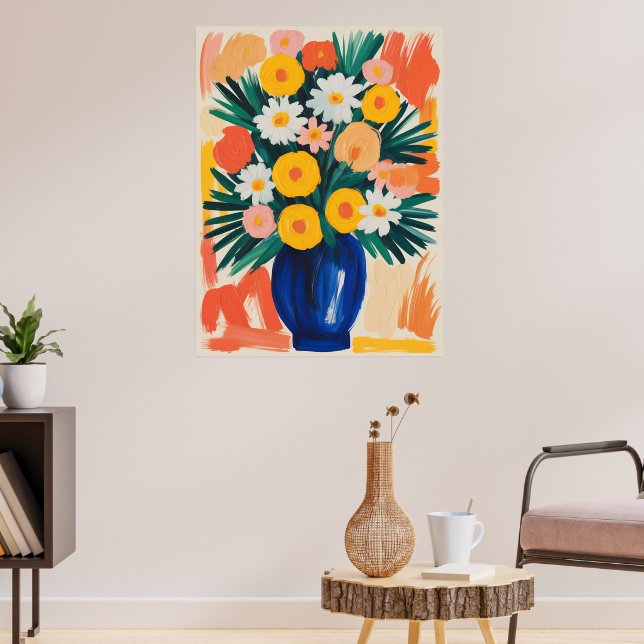 Poster Arranjo Floral Vibrante em Vaso Azul (Sala de Estar 3)