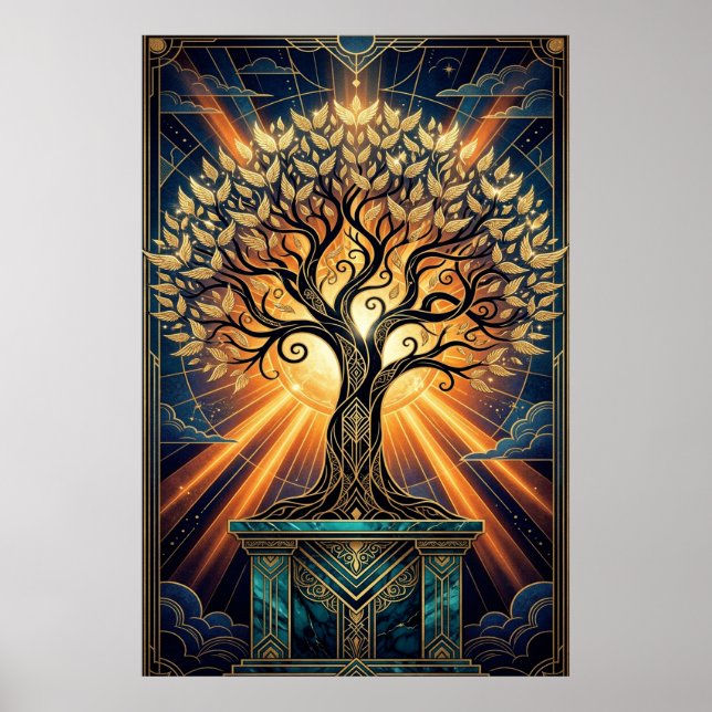 Poster Art Deco Angelic Feather Tree Gold & Midnight Post (Frente)