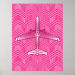 Pôster Art Deco Avião, Fuchsia e Pastel Rosa<br><div class="desc">Impressão em uma Arte Deco inspirou o conceito de um plano futurista,  em um gradiente listrado e sedoso de fúchsia profunda a rosa pastel,  em um fundo fuchsia cor-de-rosa profundo,  em Deco</div>