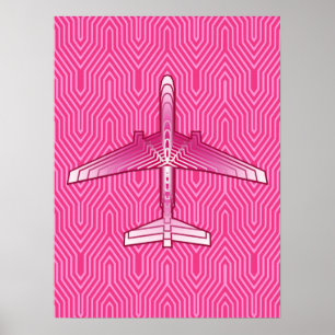 Pôster Art Deco Avião, Fuchsia e Pastel Rosa