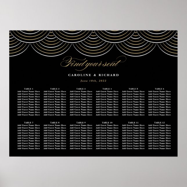 Poster Art Deco Black Gold Wedding Seating Chart (Frente)