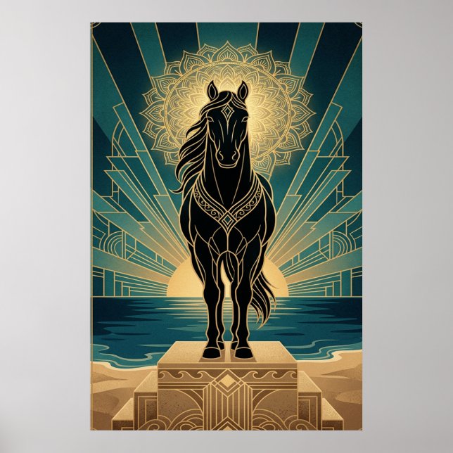 Poster Art Deco Black Horse Mandala Sunset Teal Gold Post (Frente)