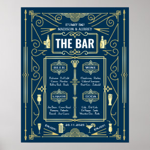Poster Art Deco Casamento Dourado Blue Open Bar Party Men