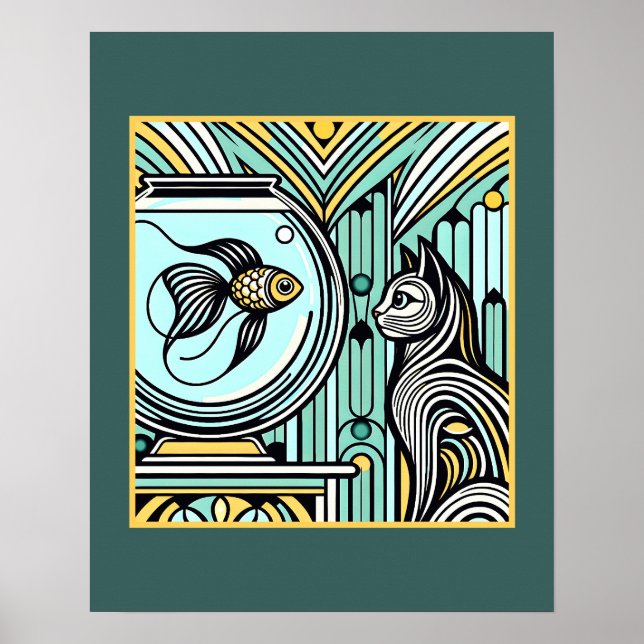 Poster Art Deco Cat and Fish Encontra - Olhos Curiosos (Frente)