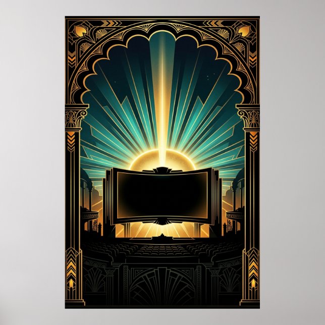 Poster Art Deco Cinema Popcorn Machine Gold & Teal (Frente)