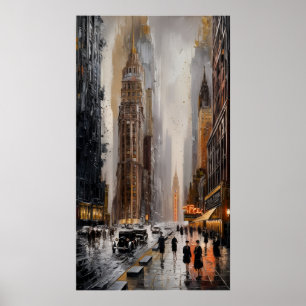 Poster Art Deco Cityscape: Ruas Molhadas e Arranha-céus