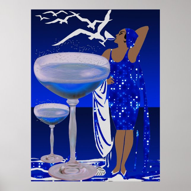 Poster ART DECO Diva LADY Blue Champagne (Frente)