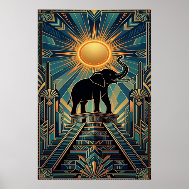 Poster Art Deco Elephant Pyramid Golden Sunset (Frente)