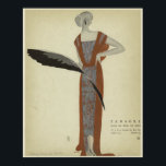 Pôster Art Deco Fashions ~ Rosa du Soir<br><div class="desc">Um Deco de Arte, desenho da moda da 1920 de Nouveau de uma senhora em um vestido marrom ouro com padrão de rosa vermelha, do artista Eduardo Benito, Título: "Rosa du Soir" (Rosa da Noite). Uma bela obra de arte para qualquer casa, escritório ou loft de estúdio moderno! Eduardo Benito...</div>