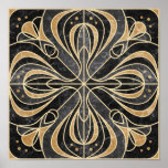 Poster Art Deco Floral. Dourado e mármore<br><div class="desc">Azulejo de mármore Art Deco estilizou o ornamento floral com bluebells. Imitação de azulejos de mármore com contorno de ouro (cinzas e areia)</div>