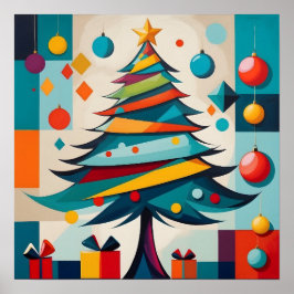 Poster Art Deco Geometric Joyful Christmas Tree with Gift