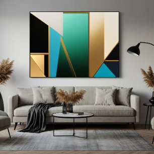 Poster Art Déco Geométrico Abstrato em Verde Água e Doura