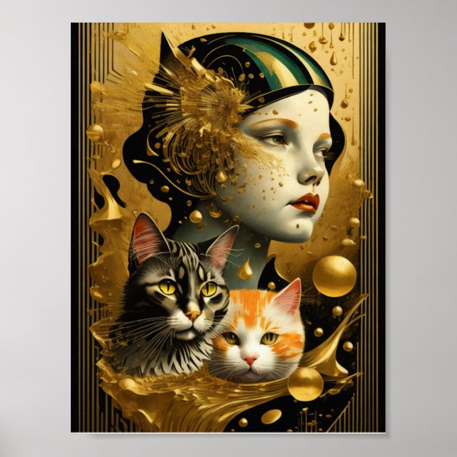 Poster Art Deco Girl and cats (Frente)