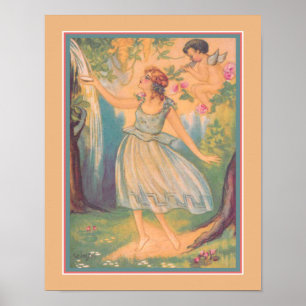 Poster Art Deco "Girl & Cupid at Waterfall"