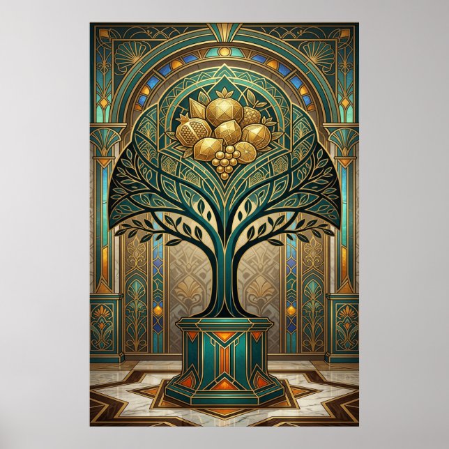 Poster Art Deco Golden Harvest Fruit Tree Gold Teal Poste (Frente)