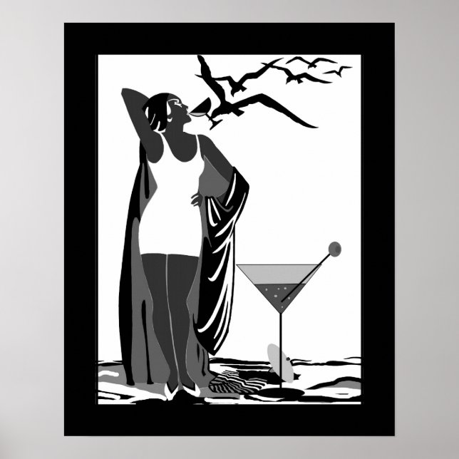 Poster ART DECO LADY Black White Martini (Frente)