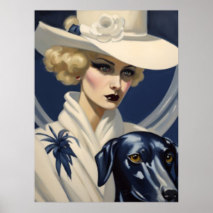 Poster Art Deco Lady in White with Black Dog, Era Gatsby
