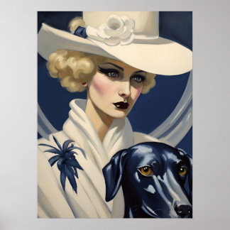 Poster Art Deco Lady in White with Black Dog, Era Gatsby