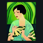 Poster Art Deco Lady with a Fan Green<br><div class="desc">Impressão em um retrato de Art Deco de uma senhora em um quimono, segurando um fã, contra um fundo abstrato verde jade</div>