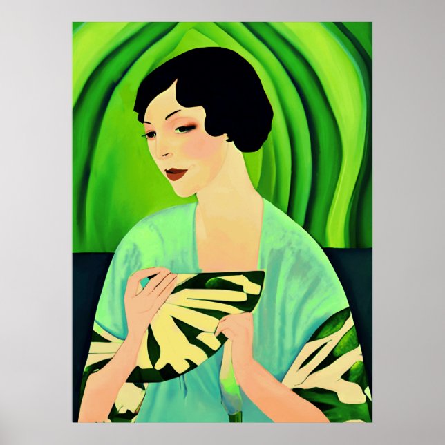 Poster Art Deco Lady with a Fan Green (Frente)