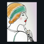 Pôster Art Deco Lady with Clarinet<br><div class="desc">Linda linha digital do perfil de uma mulher segurando um clarinete em um estilo clássico de arte deco. Ela tem cabelos castanhos-claros e está vestindo uma pulseira e pérolas, e tem batom vermelho-coral. Seus olhos estão quase fechados, para que suas pestanas sejam apresentadas. Fundo é um gradiente de lavanda leve....</div>