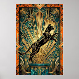 Poster Art Deco Leaping Black Cat Wall Art