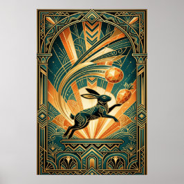 Poster Art Deco Leaping Rabbit Gold & Teal Art