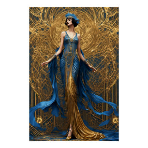Pôster Art Deco Linda Mulher Azul e Dourada