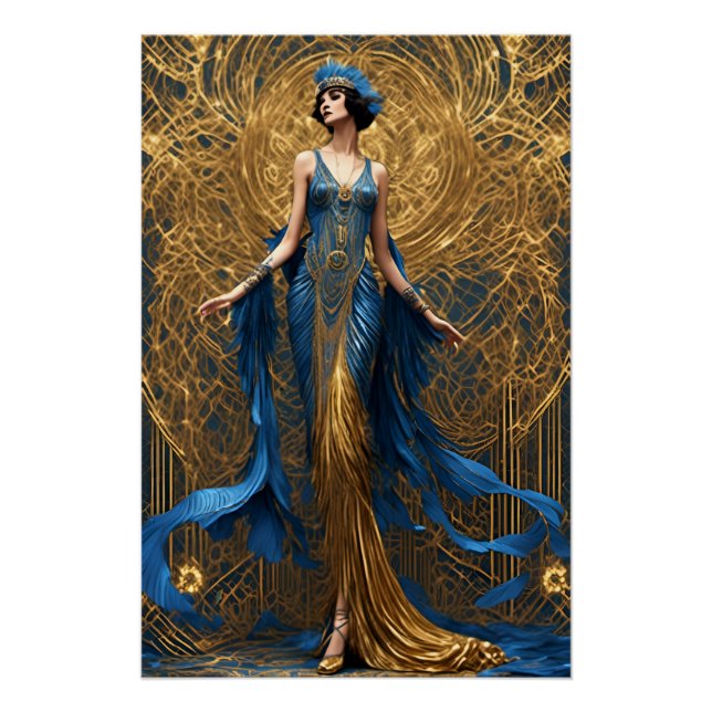 Pôster Art Deco Linda Mulher Azul e Dourada (Frente)