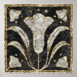 Poster Art Deco Marble Tile Floral. Bluebell flowers<br><div class="desc">Art Deco marble tile stylized floral ornament with bluebells. Imitation marble tiles with gold outline</div>