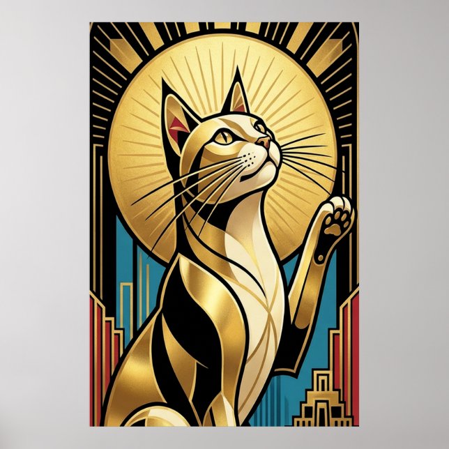 Poster Art Deco Modern Golden Tuxedo Cat Wall Art (Frente)