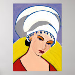 Poster Art Deco Modern Lady in a Turban<br><div class="desc">Poster num moderno,  semiabstrato,  a Arte Deco inspirou o retrato de uma senhora em vermelho com um turbante branco,  contra uma cinza amarela e azul</div>