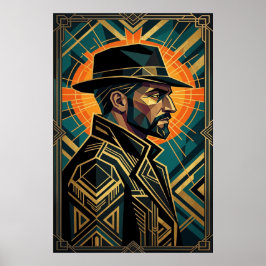 Poster Art Deco Noir Detetive Fedora Perfil Dourado