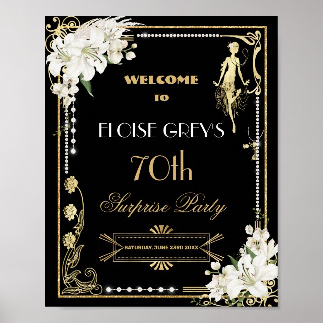 Poster Art Deco Pearls Flores Brancas Gatsby 20s Bem-vind (Frente)