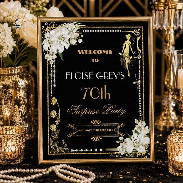 Poster Art Deco Pérolas Flores Brancas Gatsby Anos 20 Bem (Art Deco Pearls White Lilies Flowers Gatsby 20s Welcome Poster Sign Printed and Digital Download)