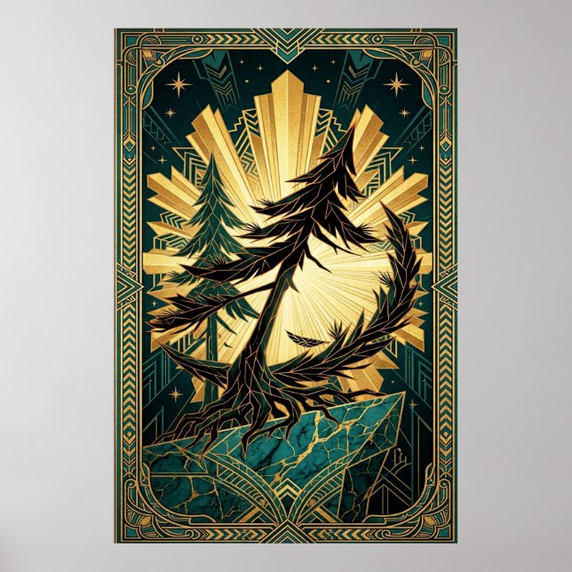 Poster Art Deco Pine Tree Silhouette Gold Teal Cliff Post (Frente)