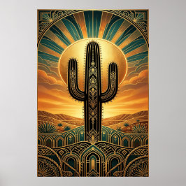 Poster Art Deco Saguaro Cactus Sunburst Desert Gold Teal