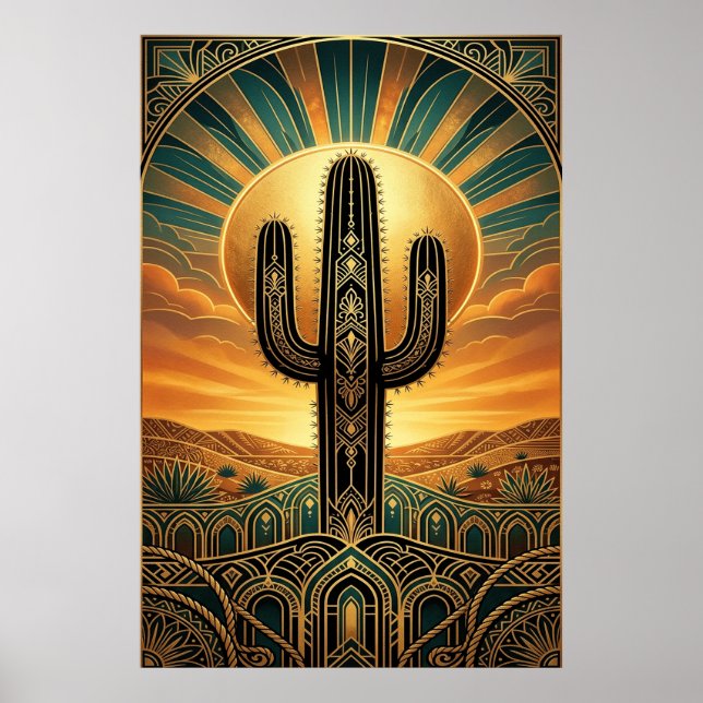 Poster Art Deco Saguaro Cactus Sunburst Desert Gold Teal  (Frente)