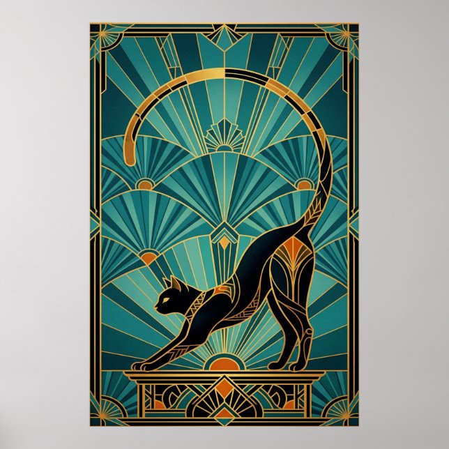 Poster Art Deco Stretching Black Cat Wall Art (Frente)