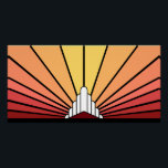 Pôster Art deco sun dawn<br><div class="desc">Um padrão solar clássico de deco de arte em cores de madrugada. Um padrão icônico da ascensão solar por trás de um edifício estilizado em forma de arte. Um design simples,  mas elegante,  verdadeiro à era.</div>