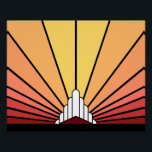 Pôster Art deco sun no amanhecer<br><div class="desc">Um padrão solar clássico de deco de arte em cores de madrugada. Um padrão icônico da ascensão solar por trás de um edifício estilizado em forma de arte. Um design simples,  mas elegante,  verdadeiro à era.</div>