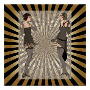 Pôster Art deco, teste padrão, listras, ouro, preto,